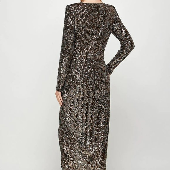 NWT See And Be Seen Long Sleeve Sequin Faux Wrap Dress In Black And Gold - Picture 6 of 8